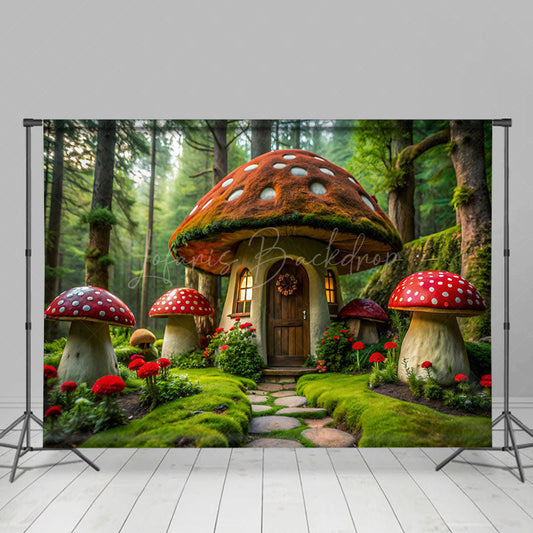 Lofaris Green Forest Fairy Tale Mushroom House Photo Backdrop