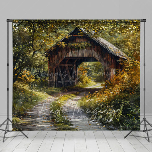 Lofaris Green Forest Summer Covered Bridge Photo Backdrop