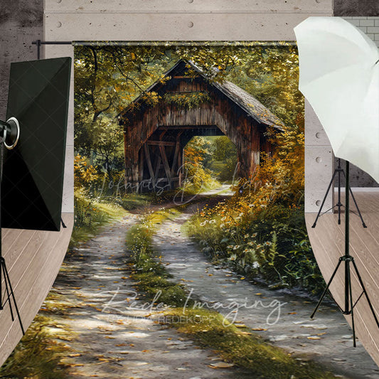 Lofaris Green Forest Summer Covered Bridge Sweep Backdrop