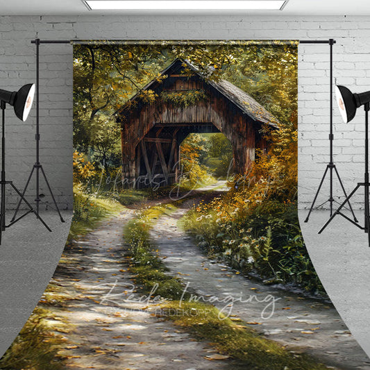 Lofaris Green Forest Summer Covered Bridge Sweep Backdrop