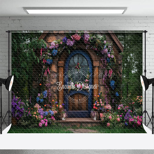 Lofaris Green Garden Floral Retro Stone Cabin Photo Backdrop