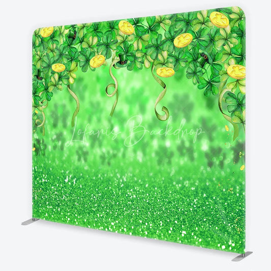 Lofaris Green Glitter St. Patrick’s Day Shamrocks and Gold Coins Square Double-Sided Backdrop Leprechaun Hat Party Decor