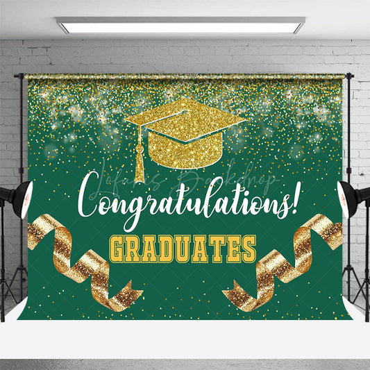 Lofaris Green Gold Glitter Ribbons Congrats Grad Backdrop