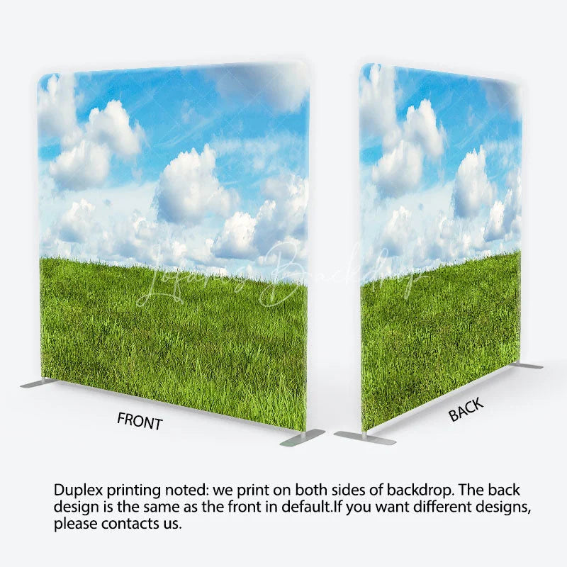 Lofaris Green Grass Field and Blue Sky with White Clouds Square Double-Sided Backdrop Natural Landscape Photography Prop
