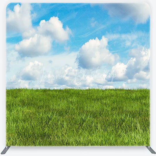 Lofaris Green Grass Field and Blue Sky with White Clouds Square Double-Sided Backdrop Natural Landscape Photography Prop