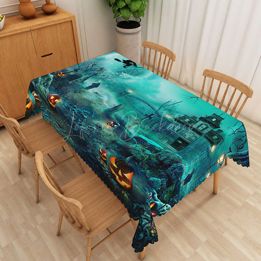 Lofaris Green Halloween Graveyard Rectangle Tablecloth for Spooky Zombie and Haunted Cemetery Party Decor