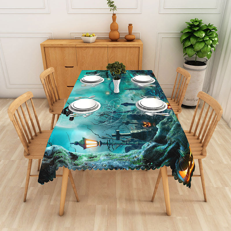 Lofaris Green Halloween Graveyard Rectangle Tablecloth for Spooky Zombie and Haunted Cemetery Party Decor