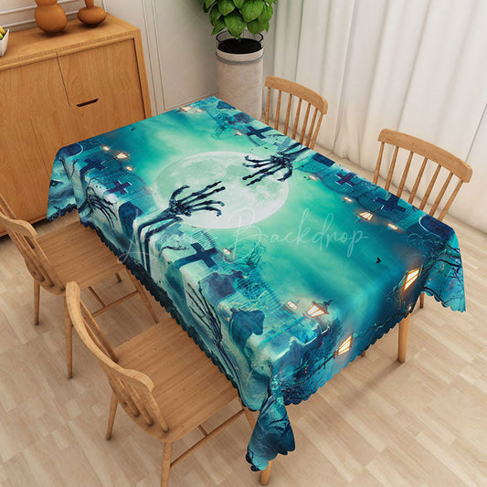 Lofaris Green Halloween Rectangle Tablecloth with Graveyard and Full Moon for Spooky Zombie Apocalypse Party