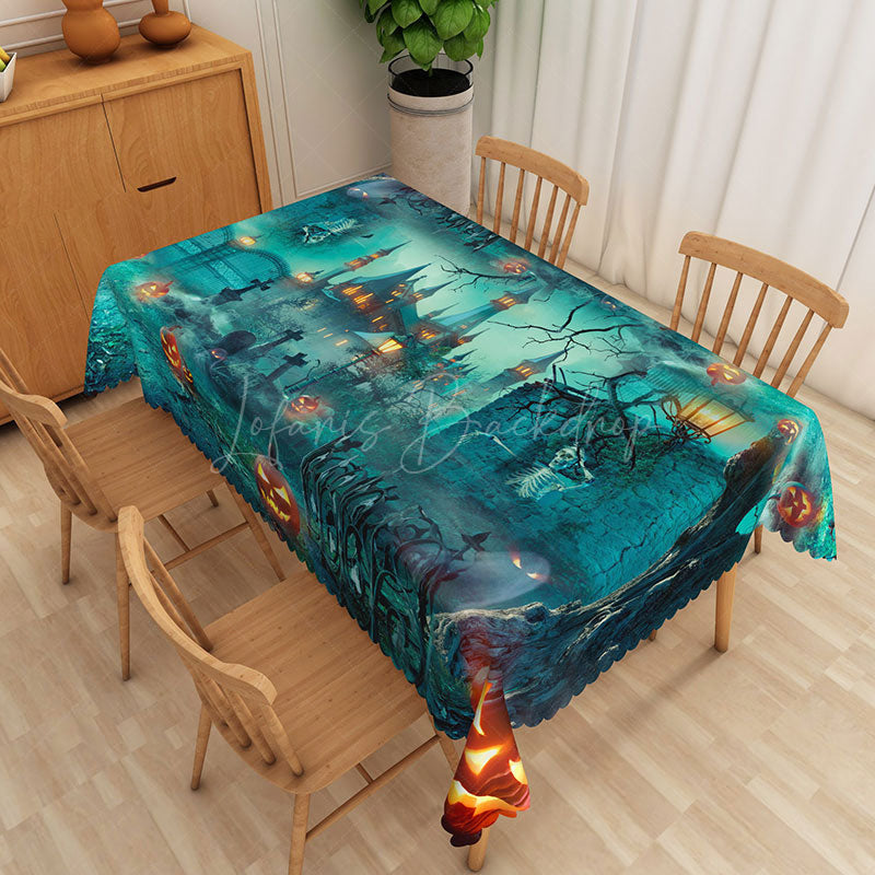 Lofaris Green Halloween Rectangle Tablecloth with Spooky Jack O’ Lanterns for Zombie and Haunted Party Decor