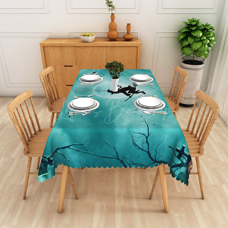 Lofaris Green Halloween Rectangle Tablecloth with Witch Moon and Bats for Spooky Night Wicked Party Decor