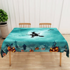Lofaris Green Halloween Rectangle Tablecloth with Witch Moon and Bats for Spooky Night Wicked Party Decor