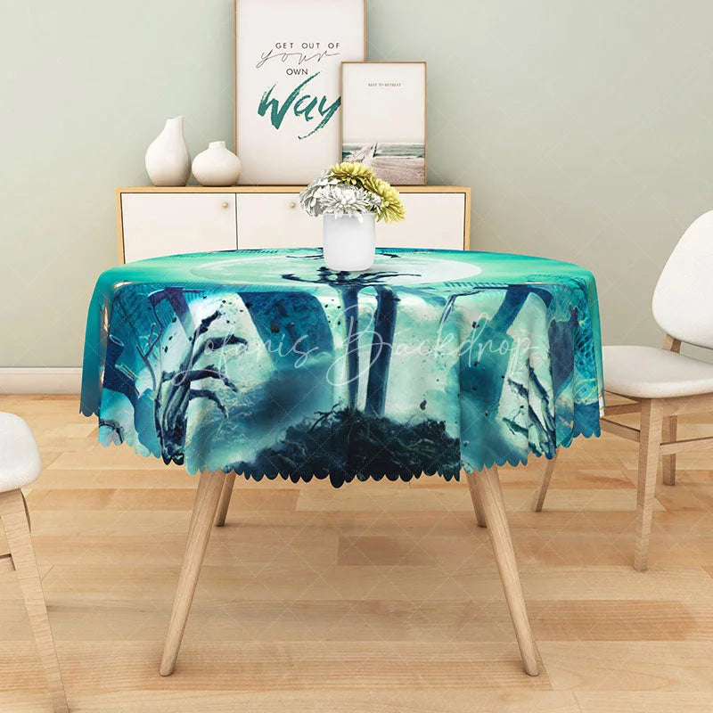 Lofaris Green Halloween Round Tablecloth with Full Moon and Graveyard for Zombie Spooky Party Decor