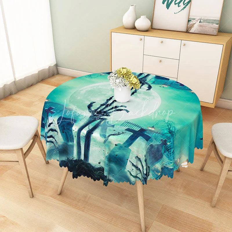 Lofaris Green Halloween Round Tablecloth with Full Moon and Graveyard for Zombie Spooky Party Decor