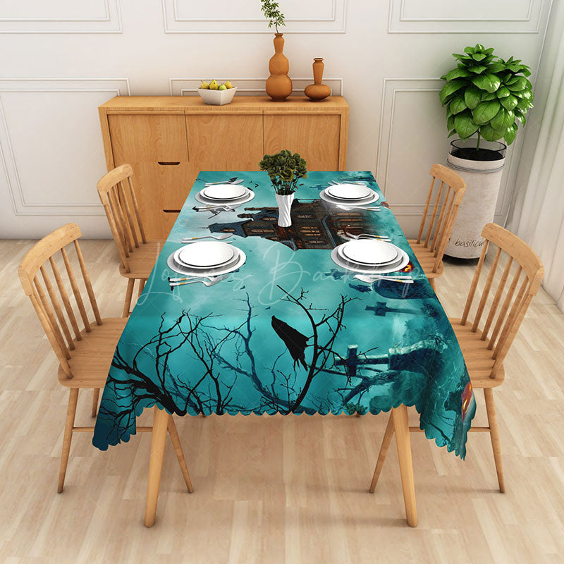 Lofaris Green Haunted House and Graveyard Rectangle Tablecloth for Spooky Halloween Zombie Party Decor