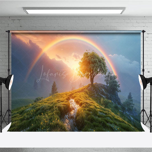 Lofaris Green Hillside Rainbow Sunset Natural Scene Backdrop