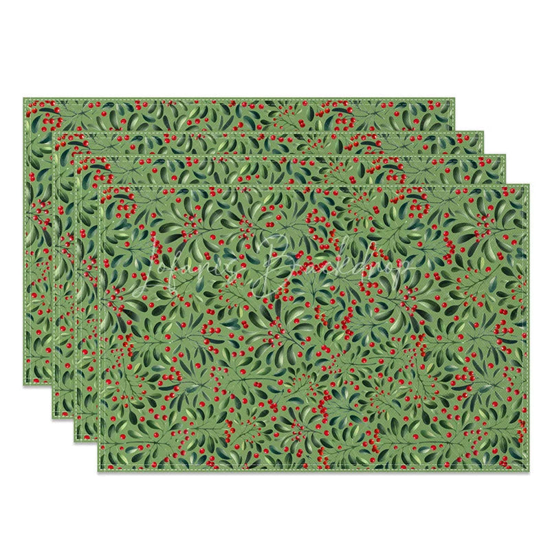 Lofaris Green Holly Berry Set of 4 Placemats Red Berries and Leaves Christmas Holiday Table Mats Decor