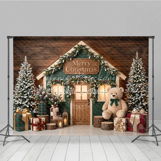 Lofaris Green House Merry Christmas Holiday Backdrop with Flocked Trees Teddy Bear and Festive Gifts Decor