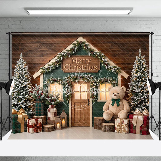 Lofaris Green House Merry Christmas Holiday Backdrop with Flocked Trees Teddy Bear and Festive Gifts Decor