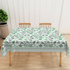 Lofaris Green Leaf and Floral Rectangle Tablecloth on White for Spring Garden Party Botanical Dining