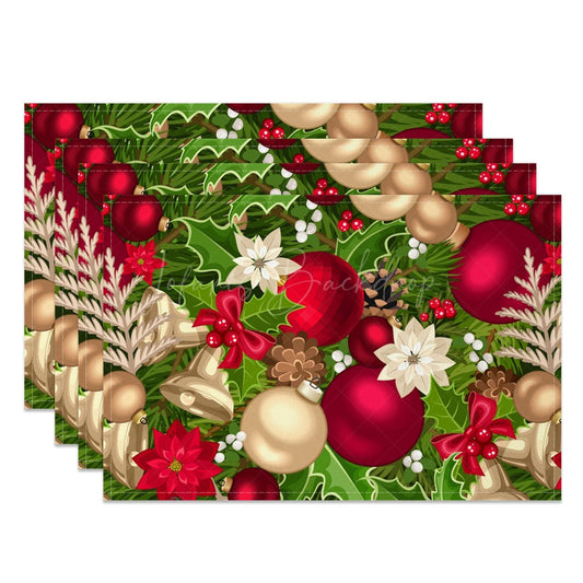 Lofaris Green Leaf Bells Floral Christmas Set Of 4 Placemats