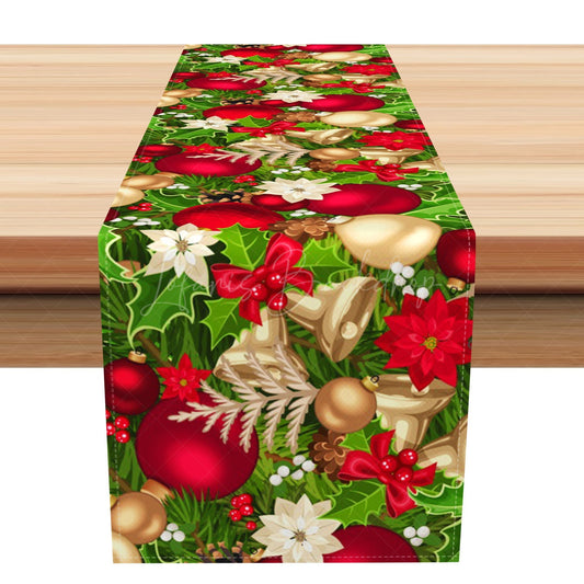 Lofaris Green Leaves Cherry Gold Bells Christmas Table Runner
