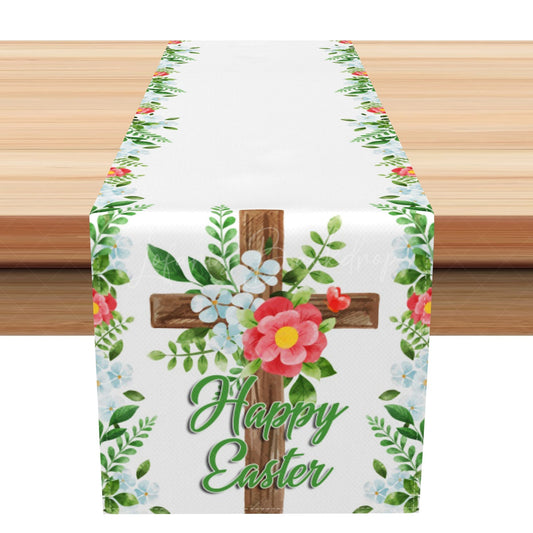 Lofaris Green Leaves Corss Floral Happy Easter Table Runner