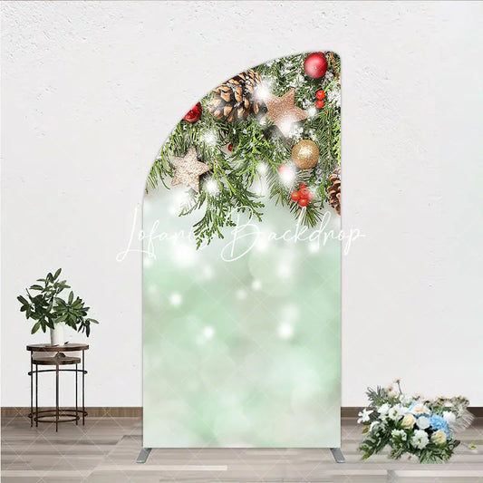 Lofaris Green Pine and Red Berry Christmas Half Moon Arch Backdrop Golden Stars Snow Winter Decor