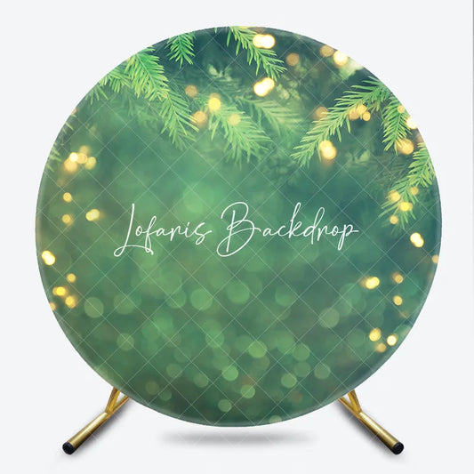 Lofaris Green Pine Branches with Gold Bokeh Lights Glitter Round Backdrop Festive Winter Christmas Party Decor