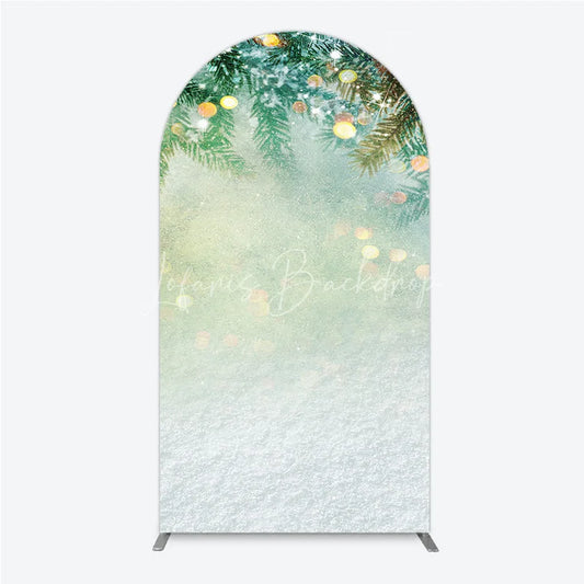 Lofaris Green Pine Branches with Snow and Golden Bokeh Lights Round Top Arch Backdrop Winter Christmas Holiday Decor
