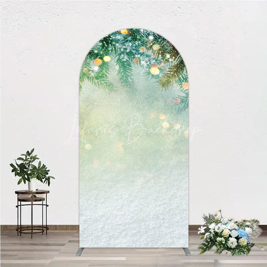 Lofaris Green Pine Branches with Snow and Golden Bokeh Lights Round Top Arch Backdrop Winter Christmas Holiday Decor