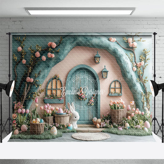 Lofaris Green Pink Bunny Hutch Floral Eggs Easter Backdrop