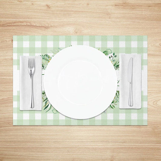 Lofaris Green Plaid Spring Set of 4 Placemats Greenery Wreath and Beautiful Text Dining Table Mats