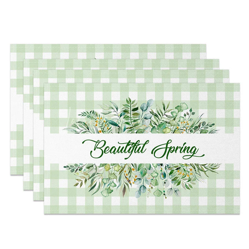 Lofaris Green Plaid Spring Set of 4 Placemats Greenery Wreath and Beautiful Text Dining Table Mats