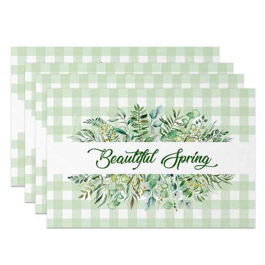 Lofaris Green Plaid Spring Set of 4 Placemats Greenery Wreath and Beautiful Text Dining Table Mats