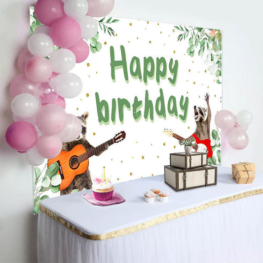 Lofaris Green Plant Guitarist Raccoon Happy Birthday Backdrop