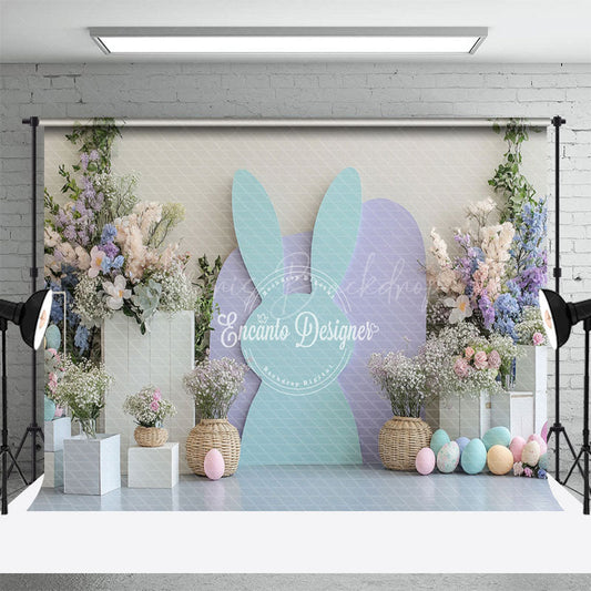 Lofaris Green Purple Bunny Spring Floral Eggs Easter Backdrop
