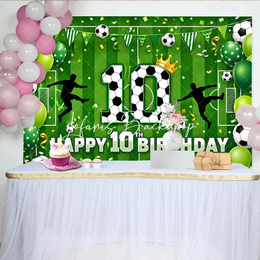 Lofaris Green Soccer Field 10th Birthday Backdrop Players and Balls with Vibrant Balloons for Party Decor
