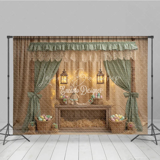 Lofaris Green Striped Curtains Easter Photography Backdrop Bunny and Pastel Eggs Baskets Studio Background
