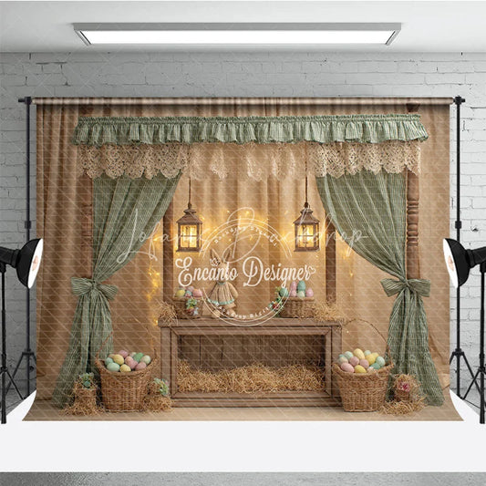 Lofaris Green Striped Curtains Easter Photography Backdrop Bunny and Pastel Eggs Baskets Studio Background