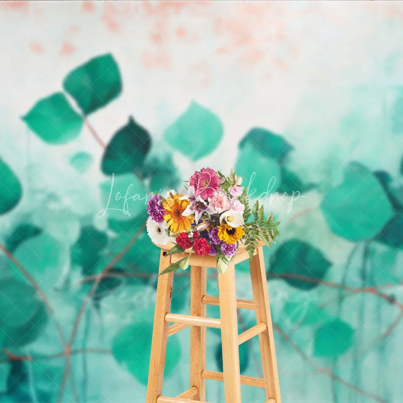 Lofaris Green Teal Leaves Abstract Art Backdrop Watercolor Plant Red Stems Background Nature Theme Photography Banner