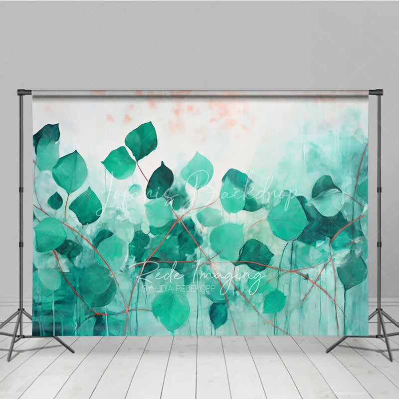 Lofaris Green Teal Leaves Abstract Art Backdrop Watercolor Plant Red Stems Background Nature Theme Photography Banner