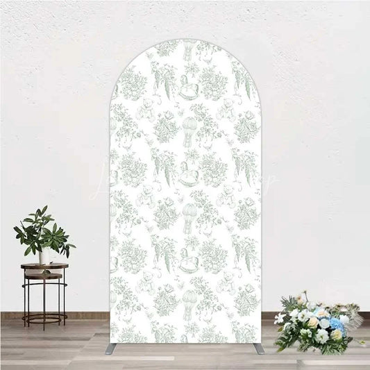 Lofaris Green Toile de Jouy Arch Backdrop Vintage Horse Teddy Bear and Balloon Pattern Decoration