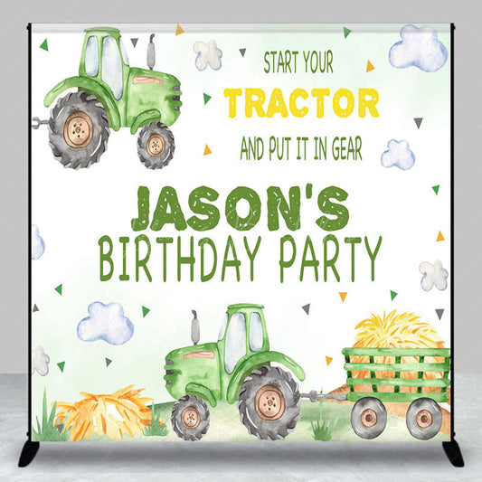 Lofaris Green Tractor Clouds Custom Name Birthday Backdrop