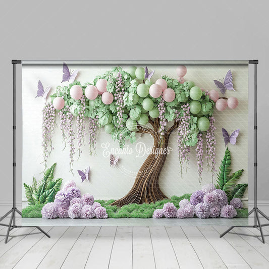 Lofaris Green Tree Floral Butterfly Cake Smash Photo Backdrop