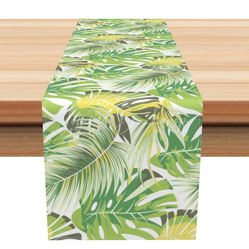 Lofaris Green Tropical Palm Leaf Table Runner Modern Botanical Monstera Print Summer Kitchen Dining Decor
