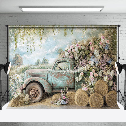 Lofaris Green Truck Spring Photography Backdrop For Studio