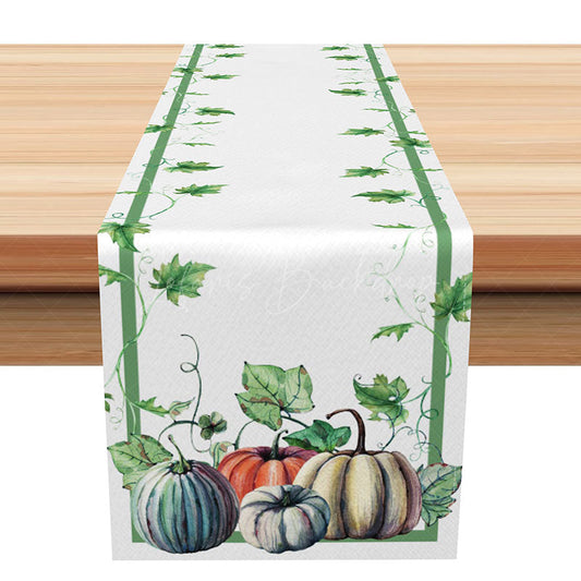 Lofaris Green Vine and Stripe Pumpkin Table Runner Modern Farmhouse Autumn Decor Thanksgiving Fall Harvest Kitchen