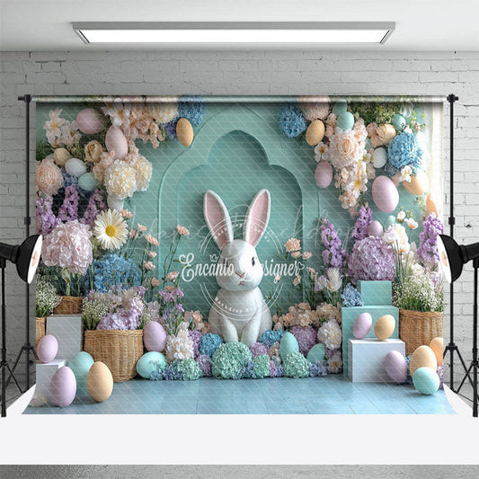 Lofaris Green Wall Bunny Colorful Floral Easter Backdrop