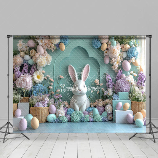 Lofaris Green Wall Bunny Colorful Floral Easter Backdrop