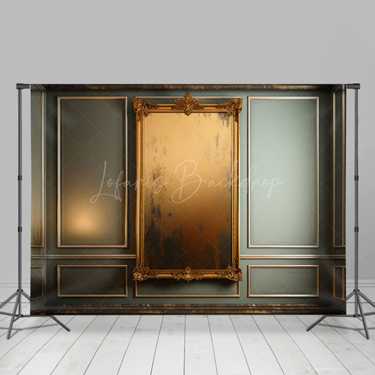 Lofaris Green Wall Gold Mirror Wood Floor Combo Set Backdrop